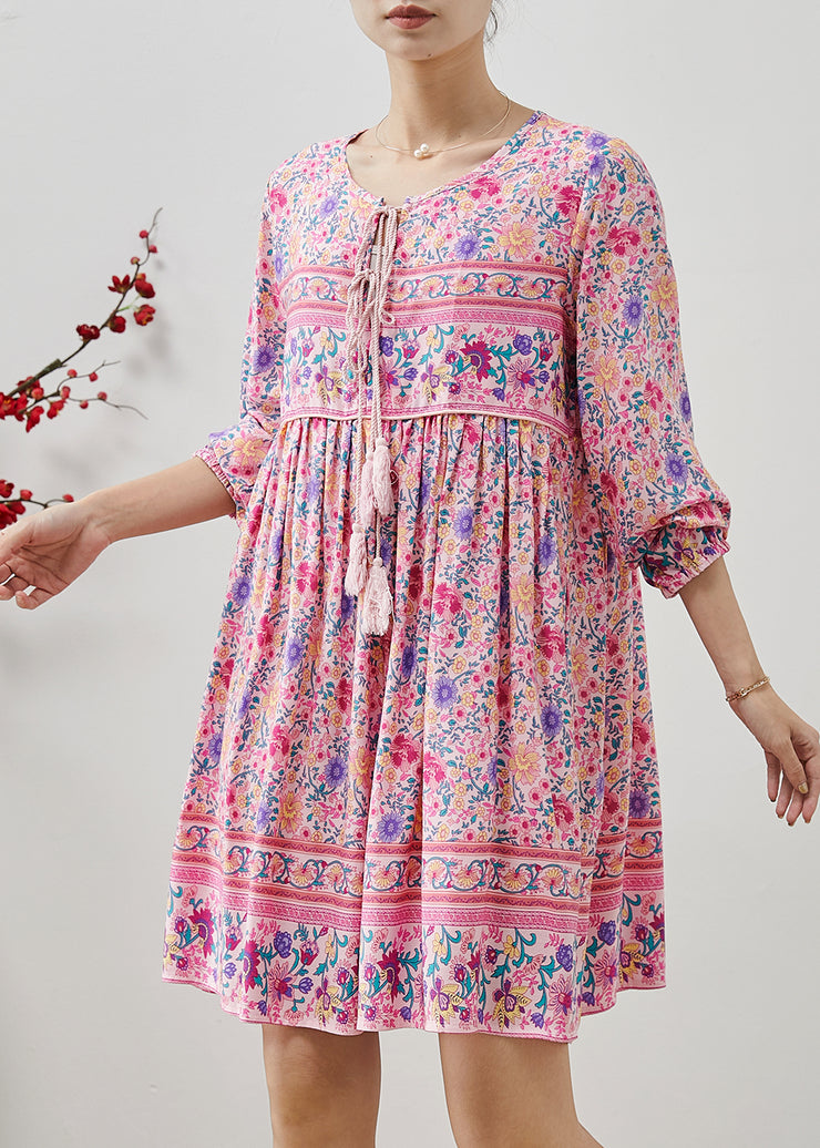 Fine Pink Tasseled Print Cotton Beach Dresses Fall