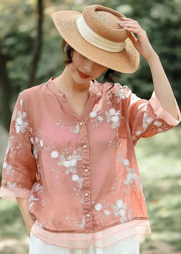 Fine Pink V Neck Embroideried Patchwork Linen Shirt Summer