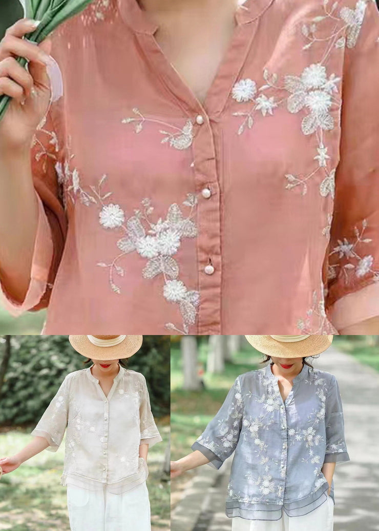 Fine Pink V Neck Embroideried Patchwork Linen Shirt Summer