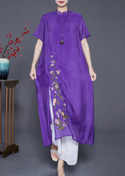 Fine Purple Embroideried Side Open Linen Silk Dresses Summer