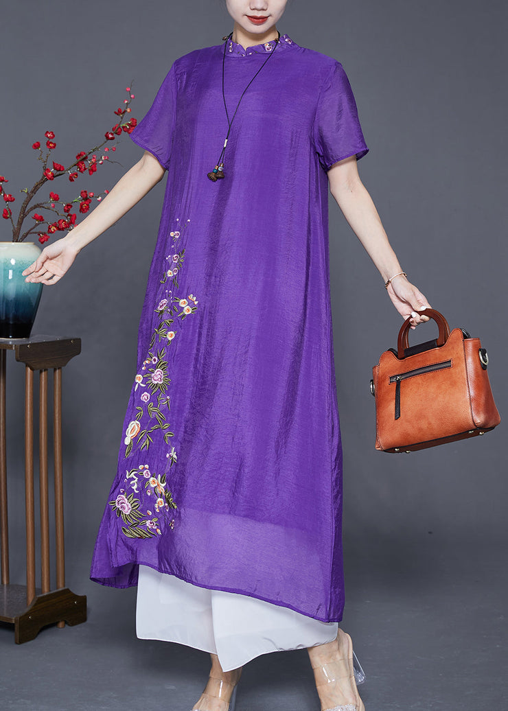 Fine Purple Embroideried Side Open Linen Silk Dresses Summer