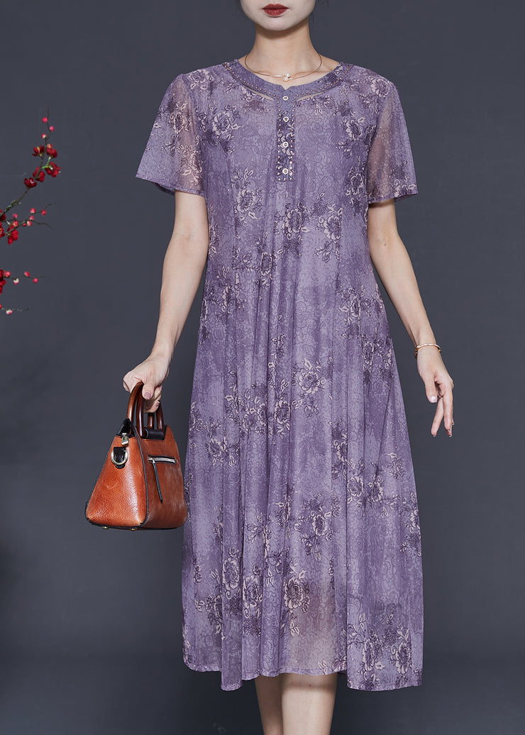 Fine Purple Print Chiffon Holiday Dress Summer