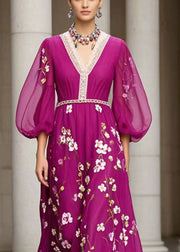 Fine Purple Print Exra Large Hem Chiffon Dresses Lantern Sleeve