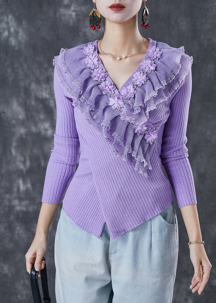 Fine Purple Ruffled Asymmetrical Silm Fit Knit Tops Spring