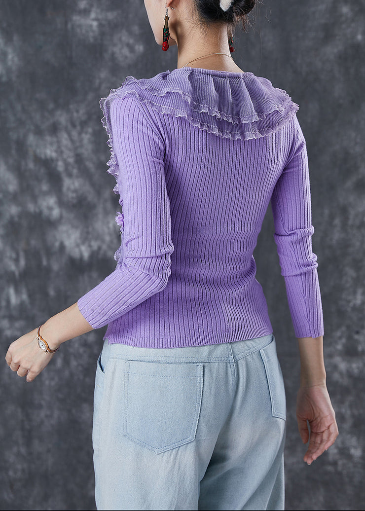 Fine Purple Ruffled Asymmetrical Silm Fit Knit Tops Spring