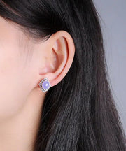 Fine Purple Sterling Silver Inlaid Zircon Jade Stud Earrings