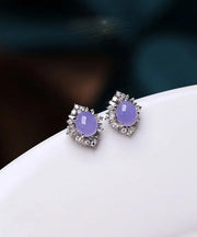 Fine Purple Sterling Silver Inlaid Zircon Jade Stud Earrings