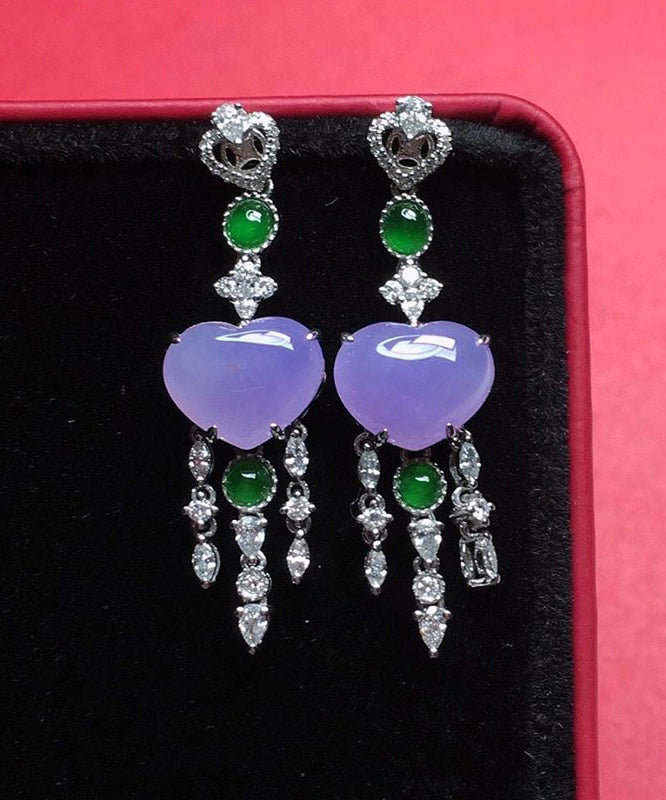 Fine Purple Sterling Silver Inlaid Zircon Love Jade Tassel Drop Earrings