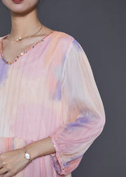 Fine Rainbow Sequins Tie Dye Silk Maxi Dresses Lantern Sleeve