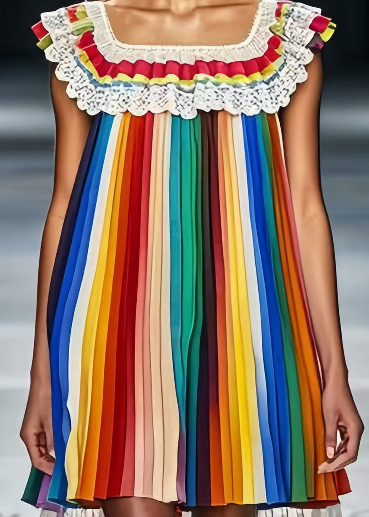 Fine Rainbow Striped Low High Design Chiffon Tea Dress Summer