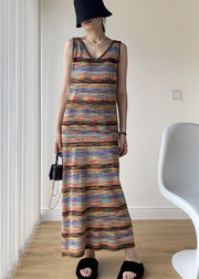 Fine Rainbow Striped V Neck Knit Long Dresses Sleeveless