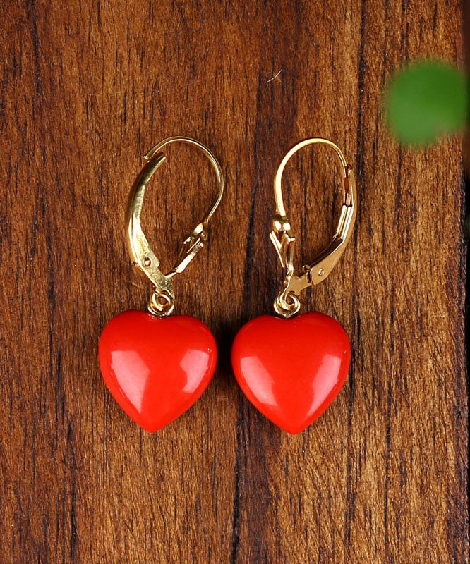 Fine Red 14K Gold Love Cinnabar Drop Earrings