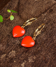 Fine Red 14K Gold Love Cinnabar Drop Earrings