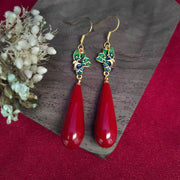 Fine Red Antique Gold Cloisonne Cinnabar Water Drop Drop Earrings