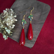 Fine Red Antique Gold Cloisonne Cinnabar Water Drop Drop Earrings