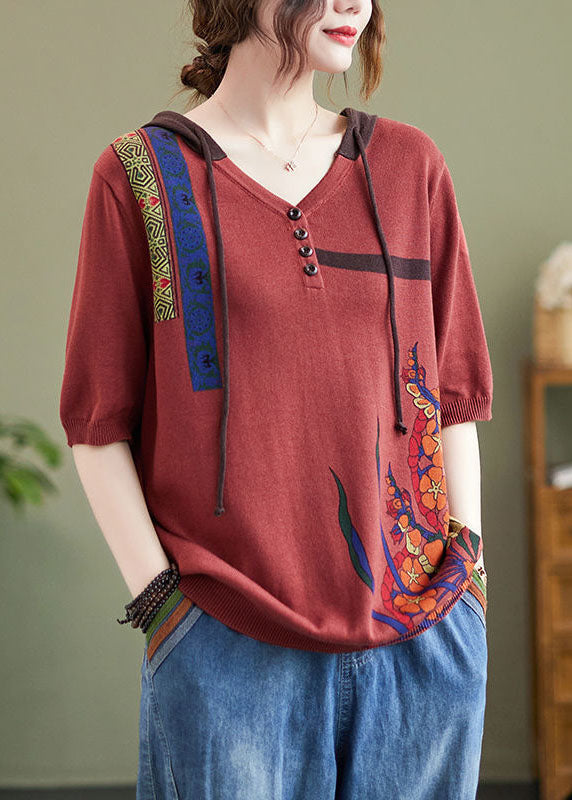 Fine Red Hooded V Neck Print Knit Top Half Sleeve