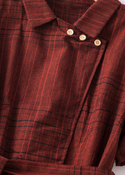 Fine Red Peter Pan Collar Plaid Tie Waist Linen Dresses Summer