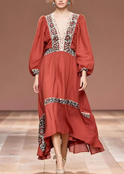 Fine Red Print Wrinkled Maxi Dress Fall