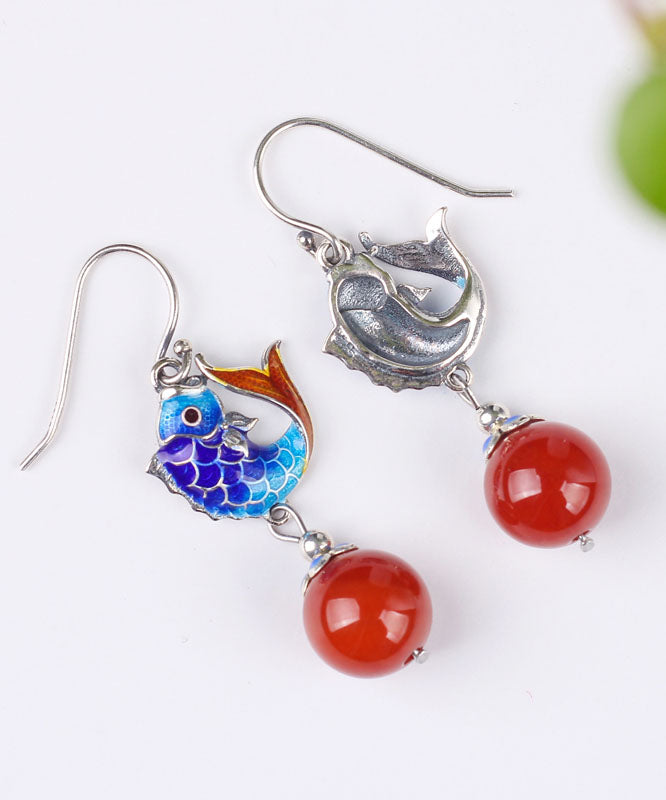 Fine Red Sterling Silver Agate Cloisonne Goldfish Drop Earrings