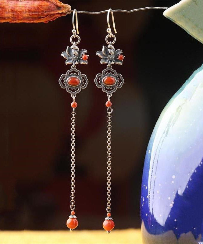 Fine Red Sterling Silver Agate Lotus Tassel Drop Earrings