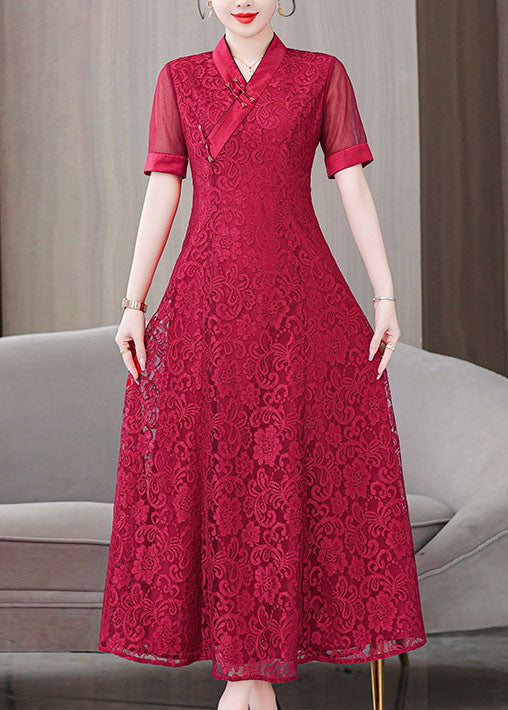 Fine Red V Neck Lace Embroidered Long Dresses Summer