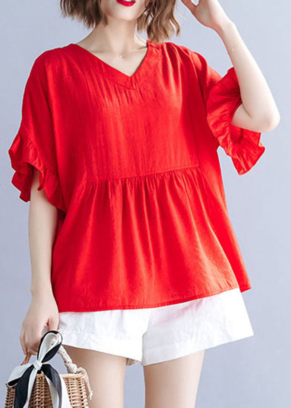 Fine Red V Neck Patchwork Ruffled Cotton T Shirt Short Sleeve