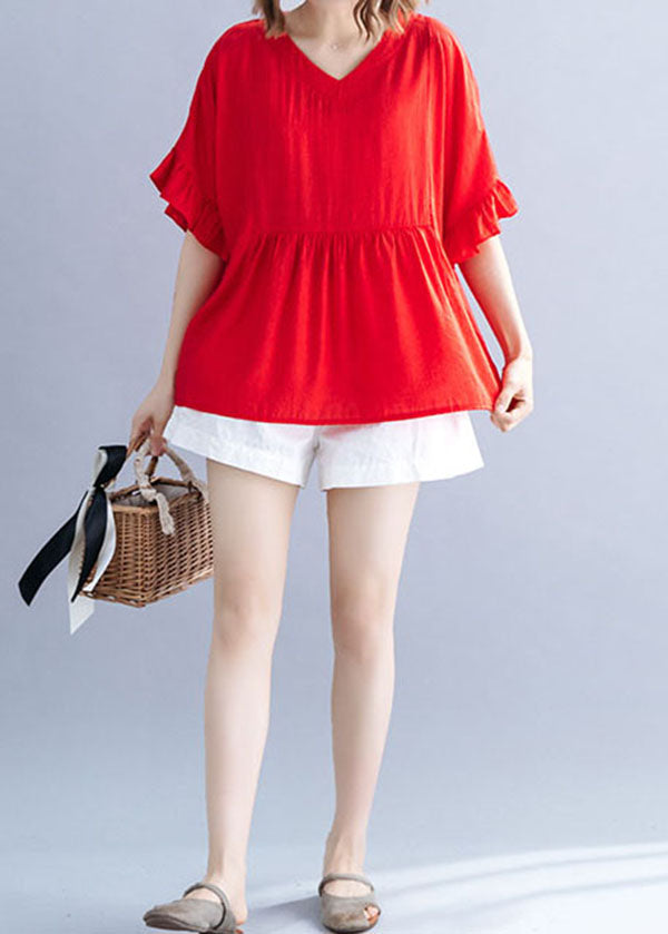 Fine Red V Neck Patchwork Ruffled Cotton T Shirt Short Sleeve