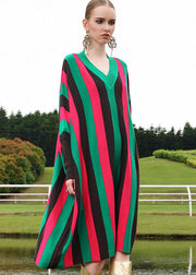 Fine Red V Neck Striped Woolen Long Sweater Dress Long Sleeve