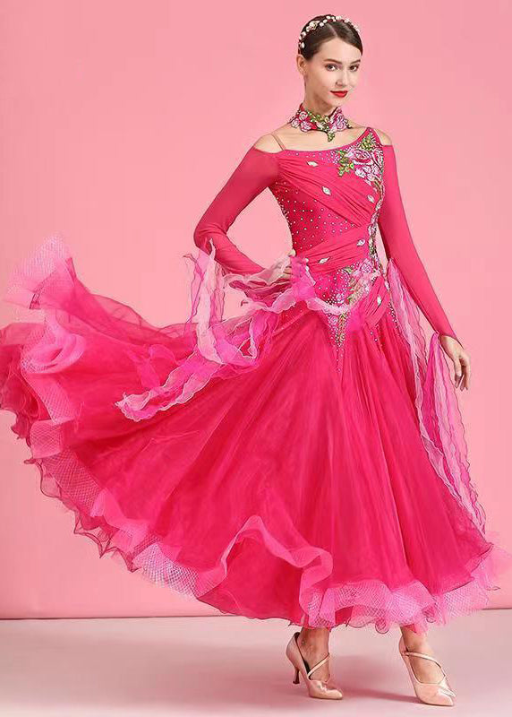 Fine Rose Embroideried Zircon Tulle Patchwork Dance Dress Long Sleeve