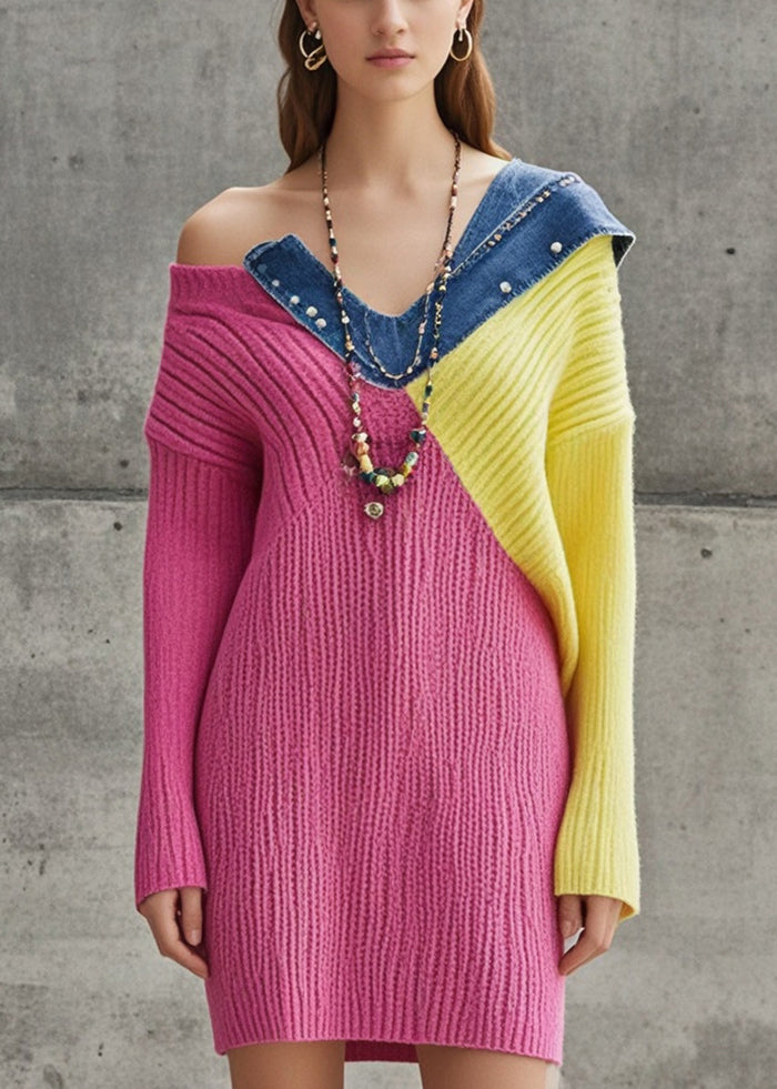 Fine Rose One Shoulder Patchwork Denim Knitwear Dress Fall