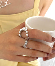 Fine Silk Sterling Silver Pearl Two Piece Set Rings