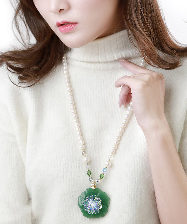 Fine White Alloy Jade Pearl Crystal Pendant Necklace