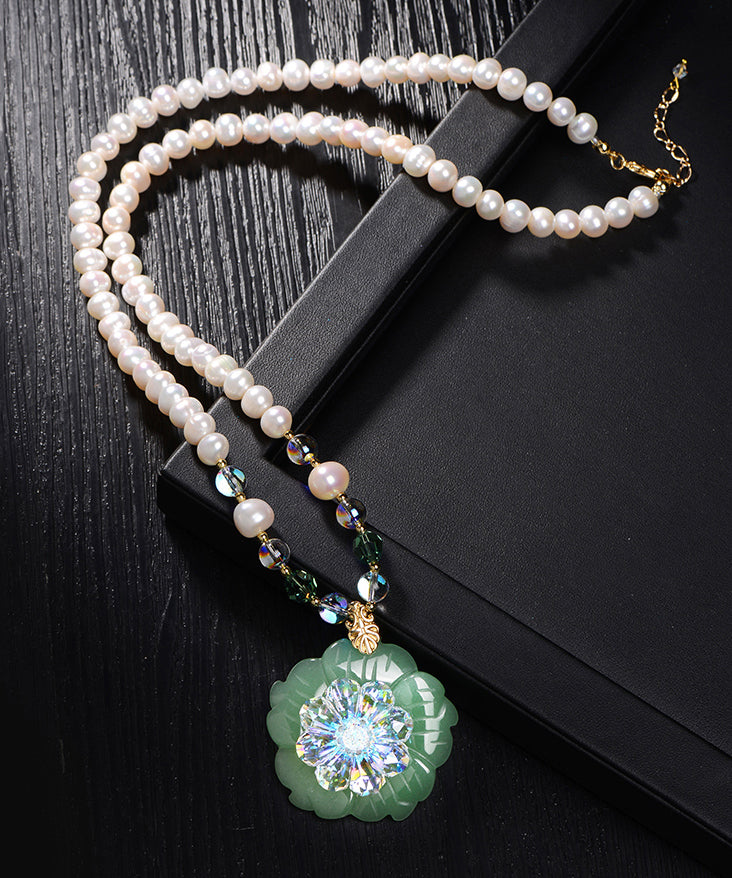 Fine White Alloy Jade Pearl Crystal Pendant Necklace