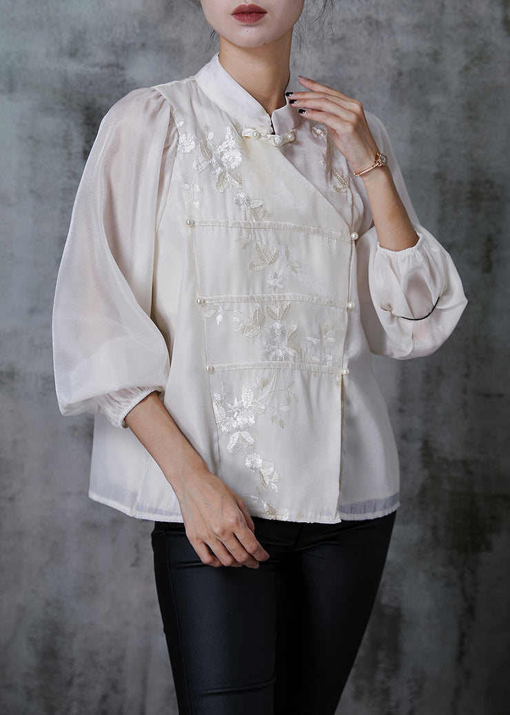 Fine White Embroidered Nail Bead Silk Blouses Summer