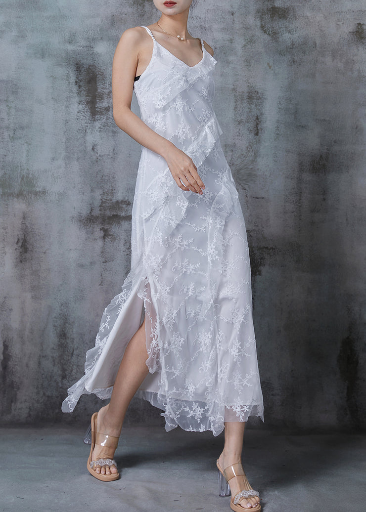 Fine White Embroidered Side Open Tulle Spaghetti Strap Dress Summer