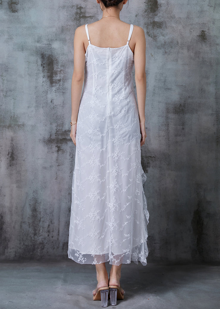 Fine White Embroidered Side Open Tulle Spaghetti Strap Dress Summer