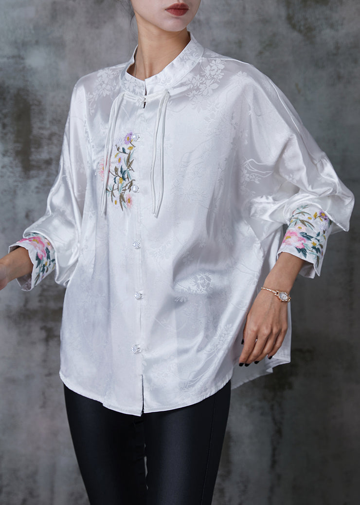 Fine White Embroidered Tasseled Silk Oriental Shirts Spring