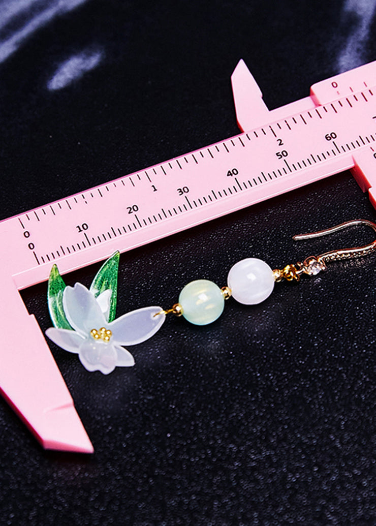 Fine White Jade Lotus Flower Drop Earrings