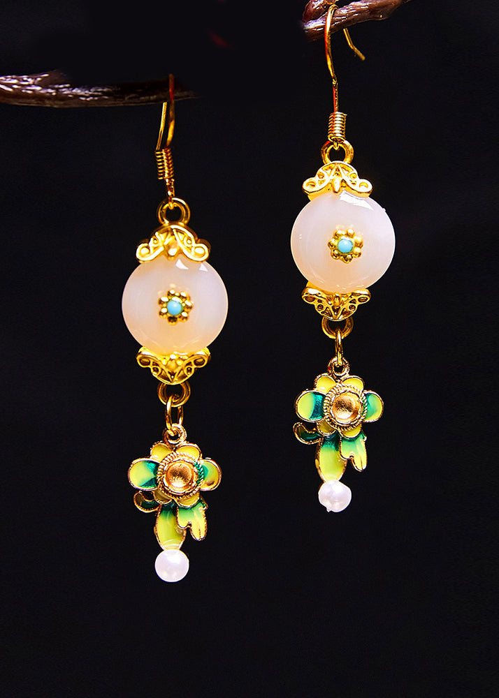 Fine White Jade Paitings Flower Metal Drop Earrings 2024 new style