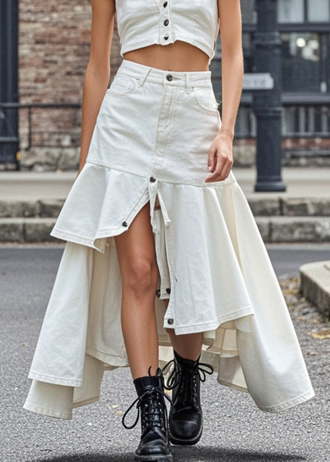 Fine White Low High Design Silm Fit Denim Skirt Spring