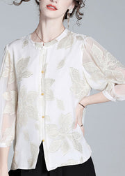 Fine White O-Neck Embroideried Print Button Silk Top Spring