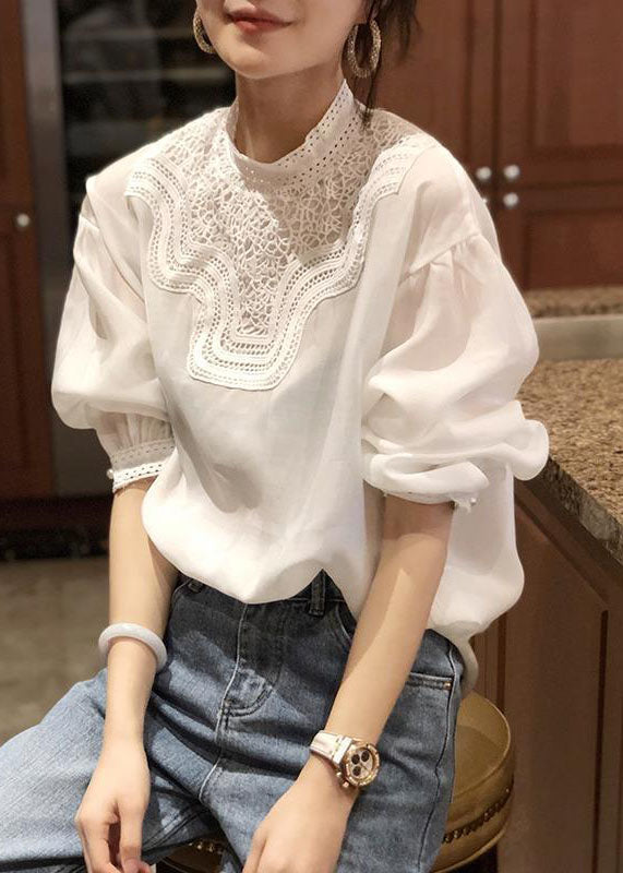 Fine White Stand Collar Patchwork Lace Chiffon Shirt Top Puff Sleeve