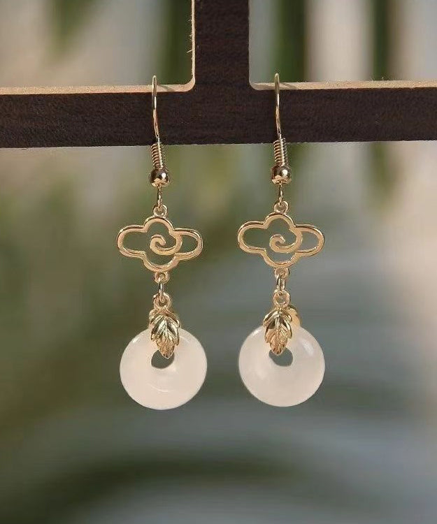 Fine White Sterling Silver Overgild Jade Ping Buckle Tassel Drop Earrings