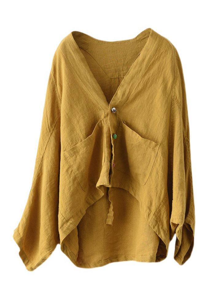 Fine Yellow Bat wing Sleeve Pockets Coat Short - SooLinen