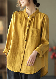 Fine Yellow Peter Pan Collar Button Linen Shirts Long Sleeve