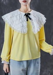 Fine Yellow Peter Pan Collar Silk Velour Shirt Tops Fall