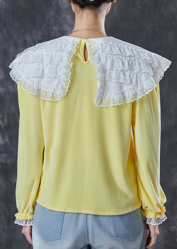 Fine Yellow Peter Pan Collar Silk Velour Shirt Tops Fall