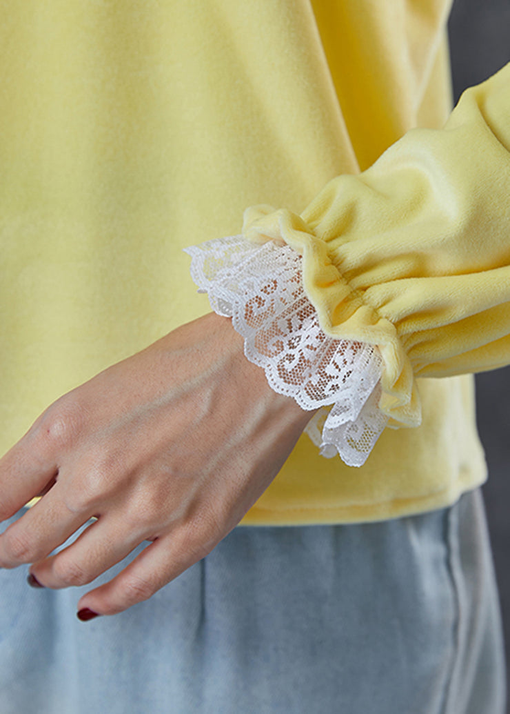 Fine Yellow Peter Pan Collar Silk Velour Shirt Tops Fall