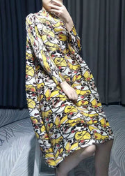 Fine Yellow Print Hign Neck Patchwork Cotton Dresses Fall