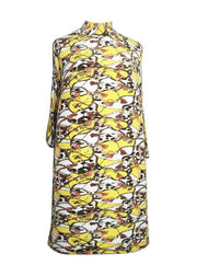 Fine Yellow Print Hign Neck Patchwork Cotton Dresses Fall